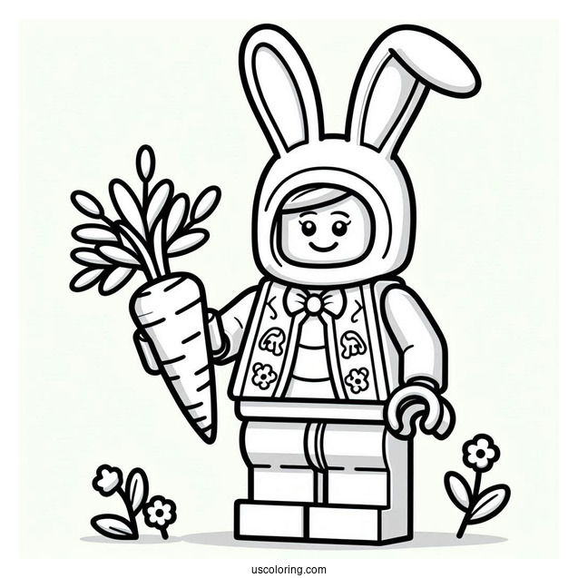Lego Man In Easter Bunny Coloring Page Costume Holding Carrot