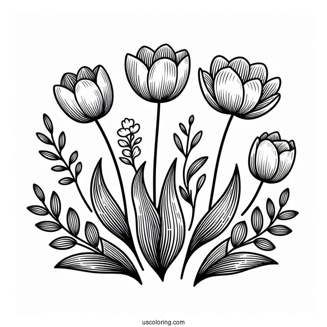 Flower Coloring Pages Of Four Blooming Tulips For Kids