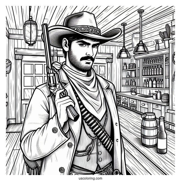 Realistic Cowboy Coloring Page With Gun In Saloon