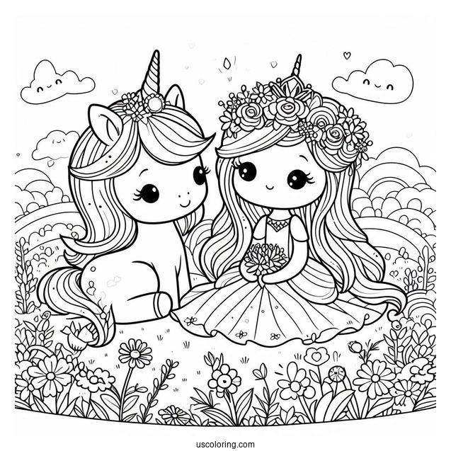 Cute Coloring Page Princess And Unicorn Sitting On A Flower Field