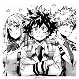 My Hero Academia Coloring Page Of Izuku, Katsuki, Shouto, And Ochako