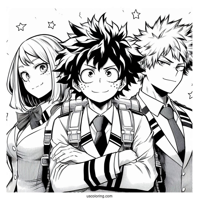 My Hero Academia Coloring Page Of Izuku, Katsuki, Shouto, And Ochako