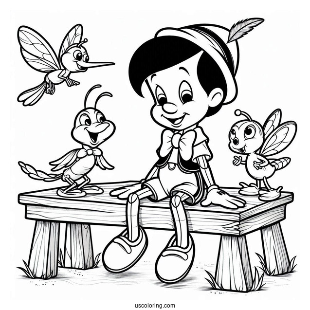Pinocchio Coloring Page Playing With Figaro, Cleo, And Jiminy Cricket On Table