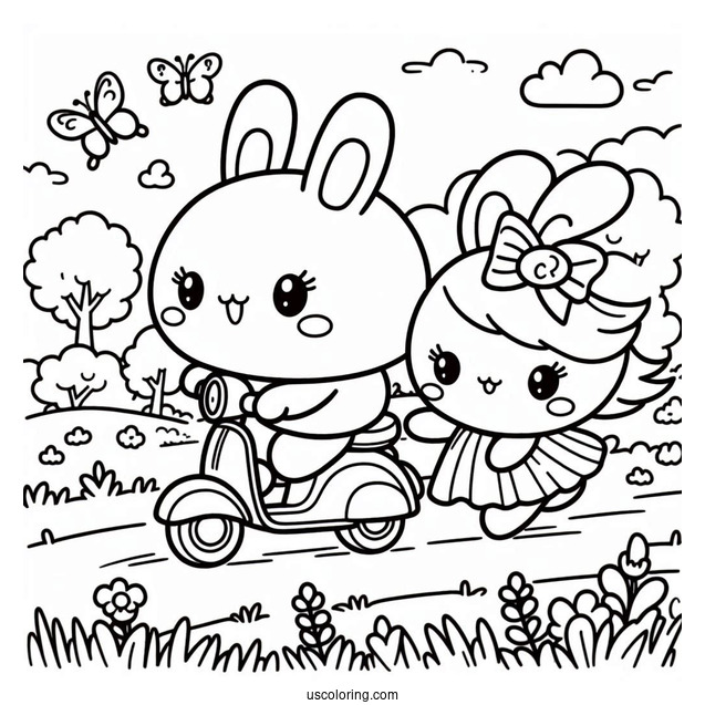 Pochacco Coloring Page And Friend Riding a Scooter On The Grass