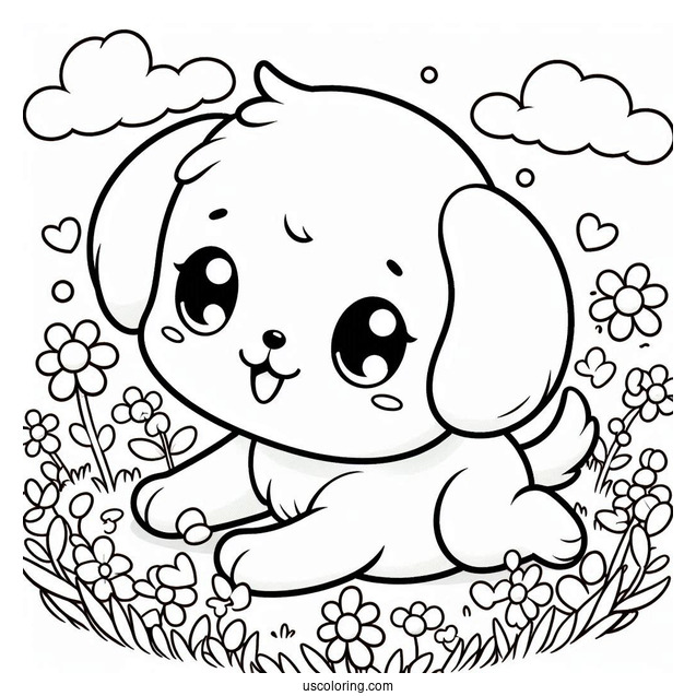 Cute Coloring Page Of Puppy Playing In A Field For Kids