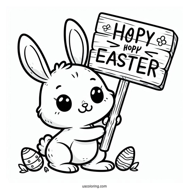 Easter Bunny Coloring Page Holding Hoppy Easter Sign For Kids