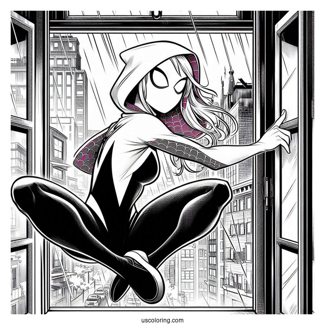 Spider-Gwen Coloring Page Swinging Out Of A Window In Spider Man Multiverse