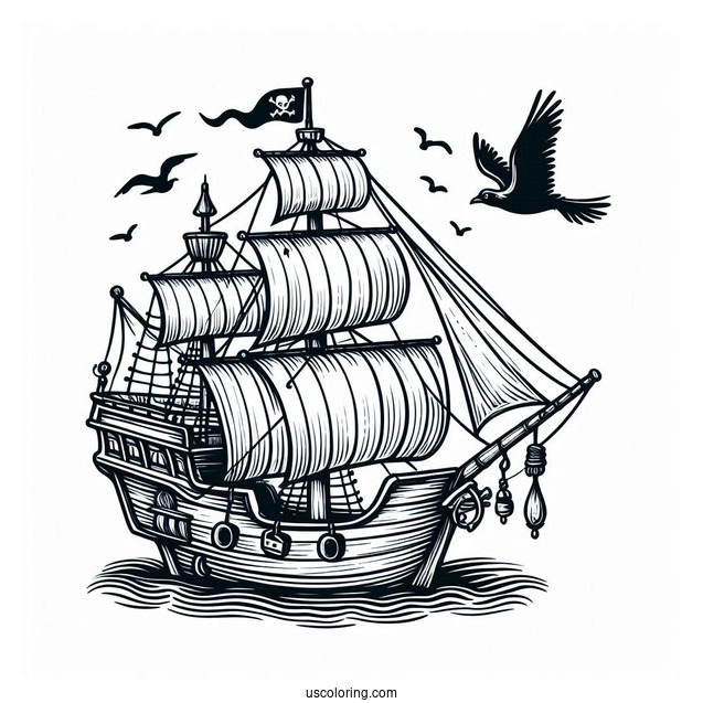 Simple Pirate Ship With Crows Nest To Color