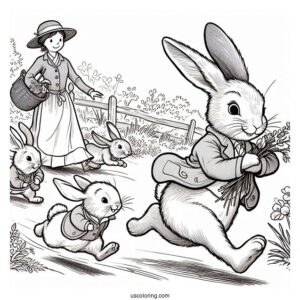 Thomas McGregor Chasing Peter Rabbit Coloring Page, Flops, Mopsy, Cotton Tail, And Friends