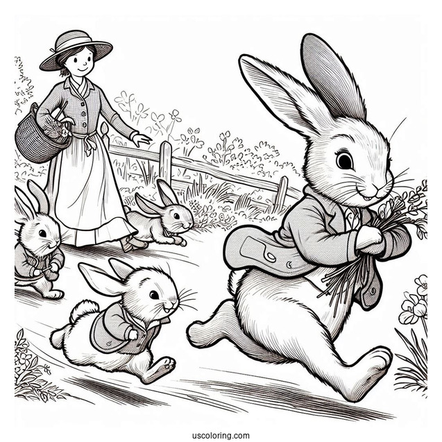 Thomas McGregor Chasing Peter Rabbit Coloring Page, Flops, Mopsy, Cotton Tail, And Friends