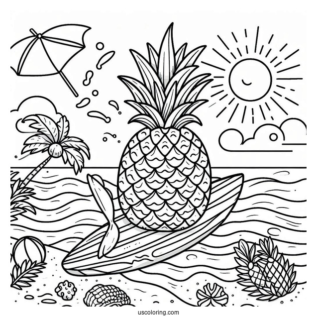 Pineapple Surfing In Summer Coloring Page For Kids