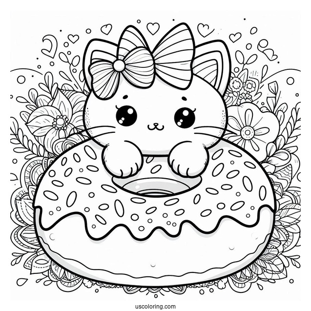Cute Coloring Page Adorable Cat With A Giant Donut
