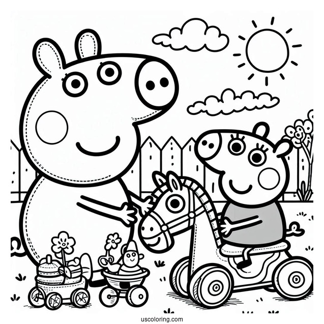 Peppa And George Playing Together On Toy Horse