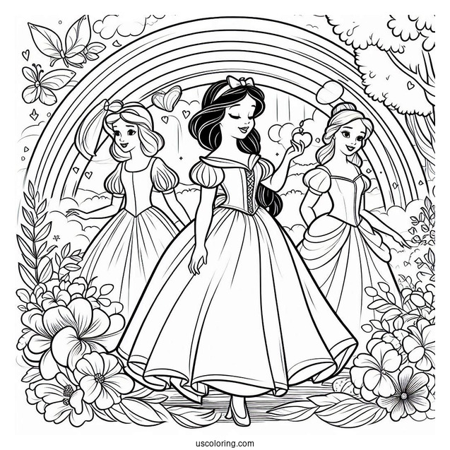 Beautiful Snow White, Cinderella, And Belle In Front Of A Rainbow Coloring Sheet