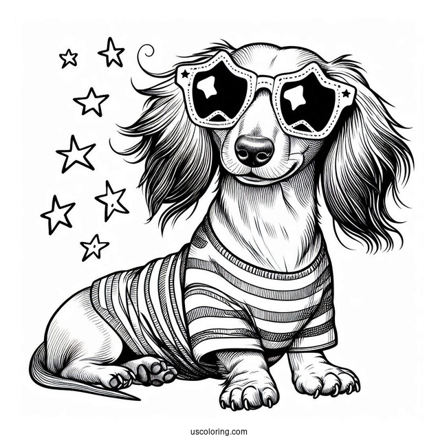 Dachshund Coloring Page Wearing Star Sunglasses And Shirt