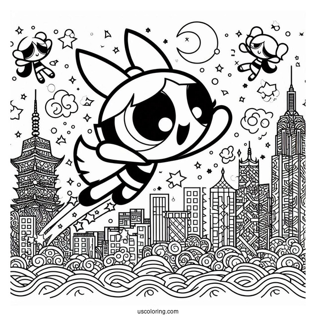 Powerpuff Girls Flying Over City To Color