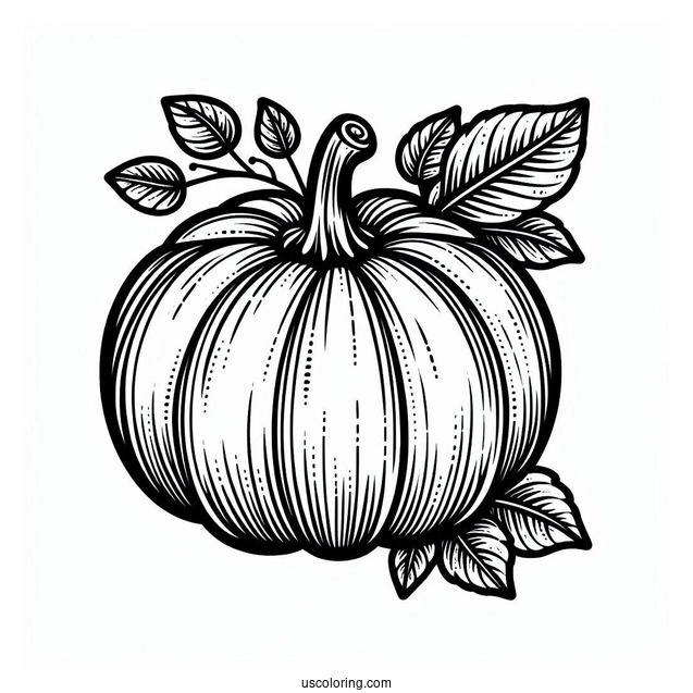Detailed Pumpkin Coloring Page With Leaves