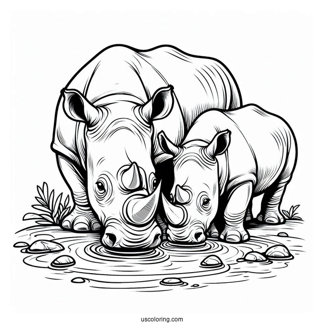 Two Rhinos Drinking Water To Color