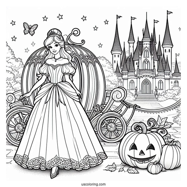 Cinderella With Pumpkin Coach, Castle And Fairy Godmother
