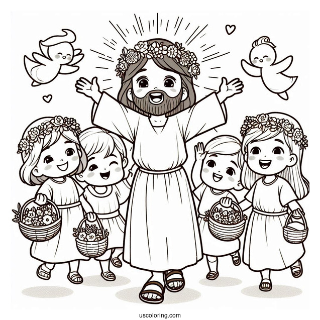 Cute Children Rejoicing Around Jesus Coloring Page