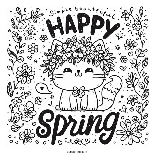 Happy Spring Words Above A Cat Wearing A Flower Wreath Coloring Sheet