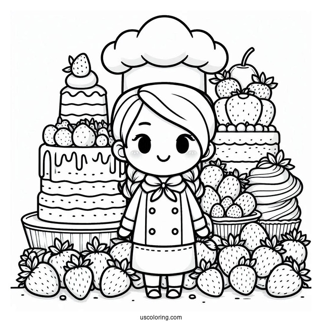 Chef Strawberry Coloring Page In Front Of Pastries
