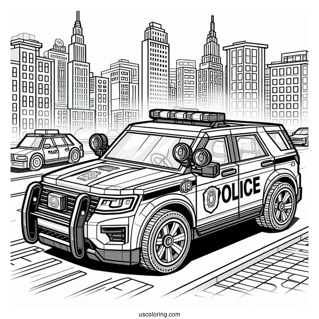 Detailed Lego Police Car Coloring Page Parked In The City