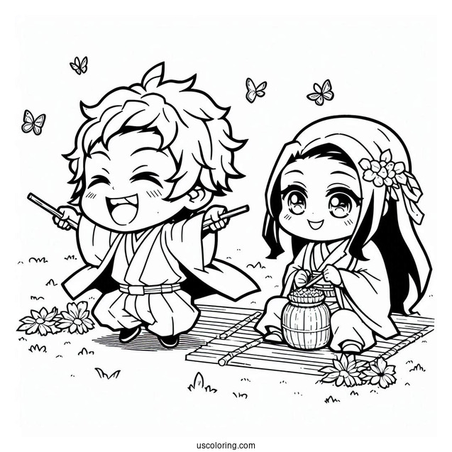 Chibi Tanjiro And Nezuko coloring Page Playing Outdoors For Kids
