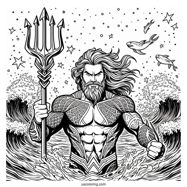 Aquaman Coloring Page Angry Poseidon Holding His Trident Above The Sea