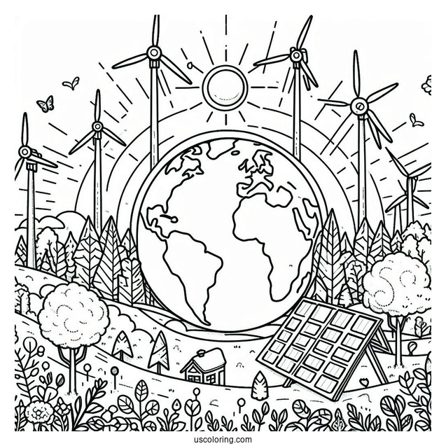 Earth Surrounded By Trees, Windmills, And Solar Panels