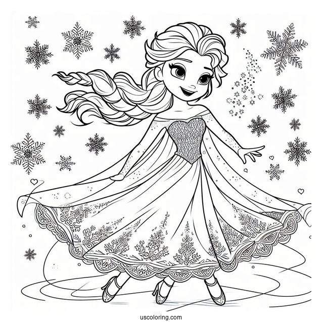Dancing Elsa With Snow Flakes Coloring