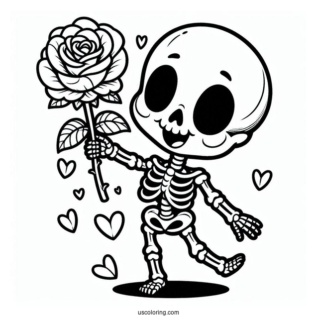 Happy Skeleton Coloring Page Holding Rose