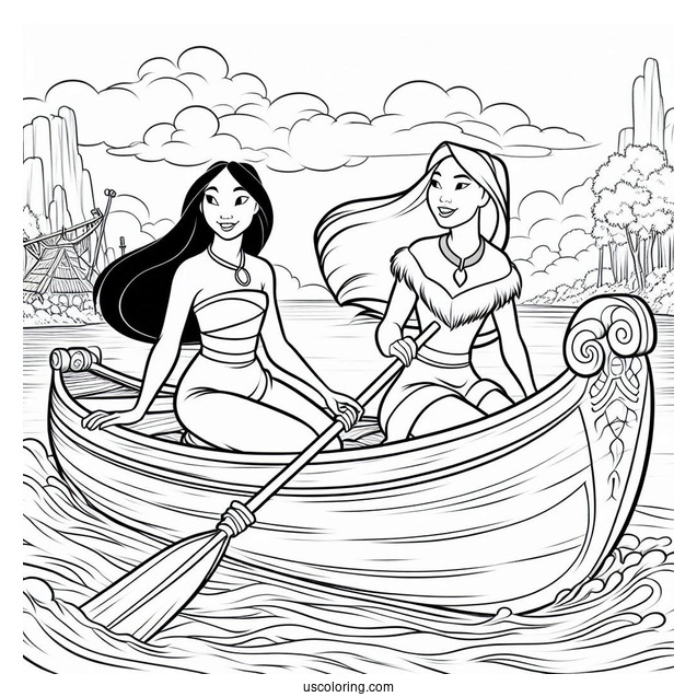 Coloring Sheet Of Mulan And Pocahontas On Canoe