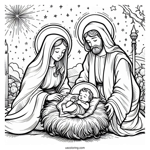 Nativity Coloring Page Of Mary And Joseph Watching Over Newborn Jesus Nativity