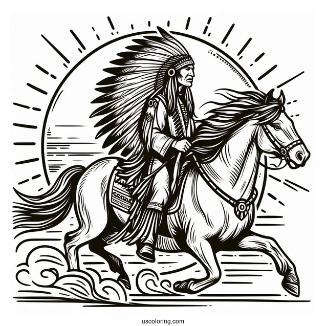 Native American Coloring Page Chief Riding Horse With Sun In The Background