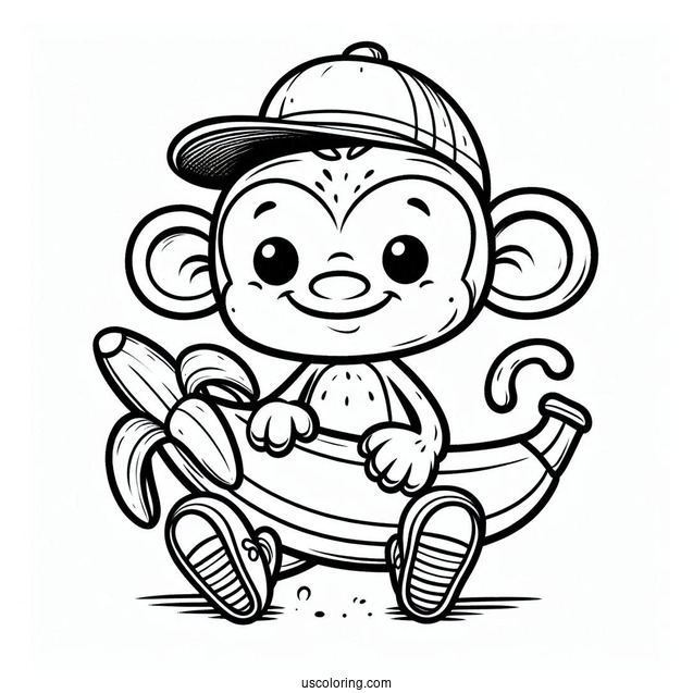 Cartoon Banana Coloring Page With A Monkey Friend