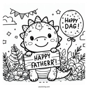Father's Day Coloring Page Of Cute Dinosaur Holding A Happy Father's Day Sign For Kids