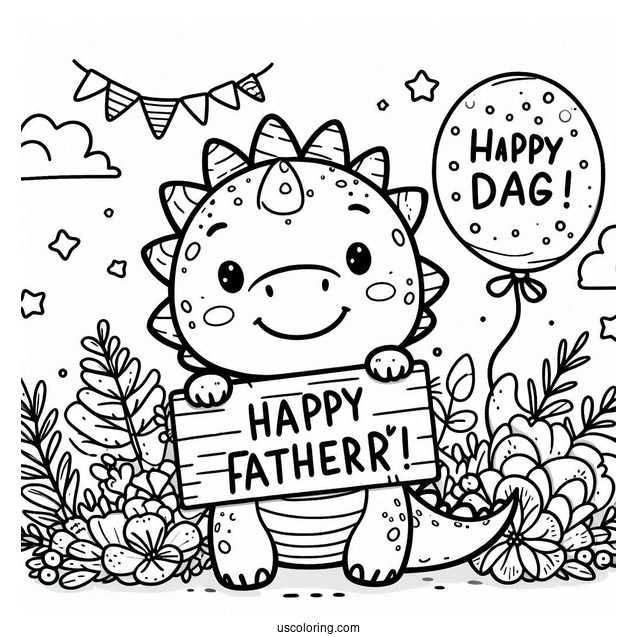 Father's Day Coloring Page Of Cute Dinosaur Holding A Happy Father's Day Sign For Kids