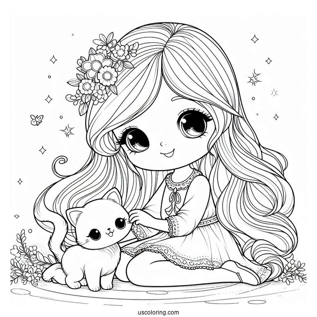 Cute Coloring Page Of Pretty Girl Playing With A Cat