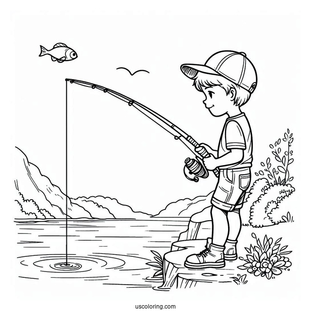 Fishing Coloring Page Of Boy Fishing On A Cliff For Kids