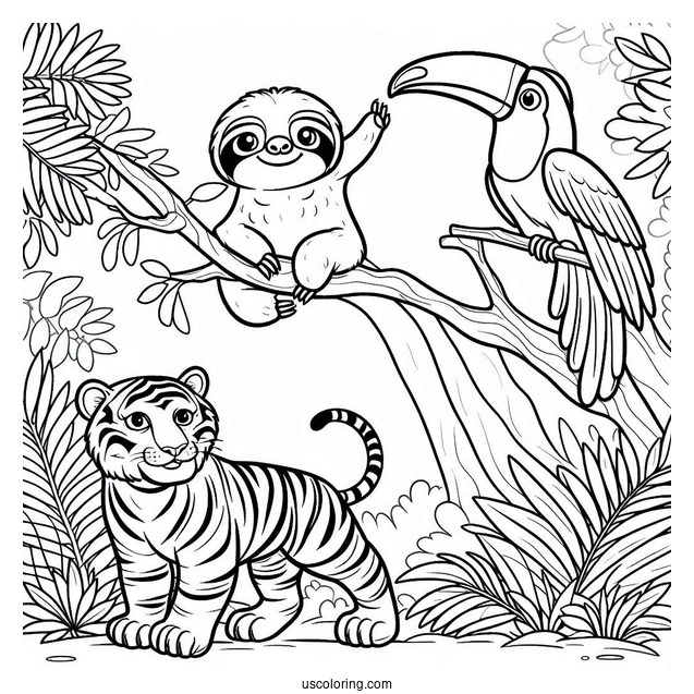 Simple Sloth, Tiger, And Toucan In The Jungle Coloring Page For Kids
