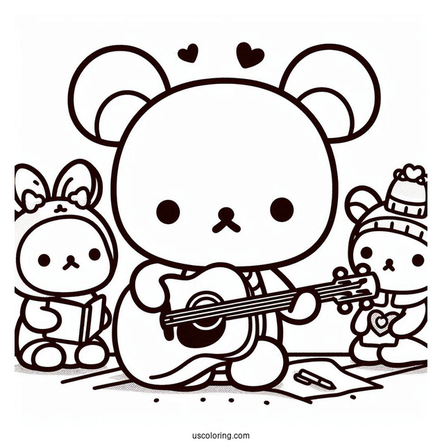 Rilakkuma Coloring Page Playing Guitar While Korilakkuma And Kiiroitori Listen For Kids