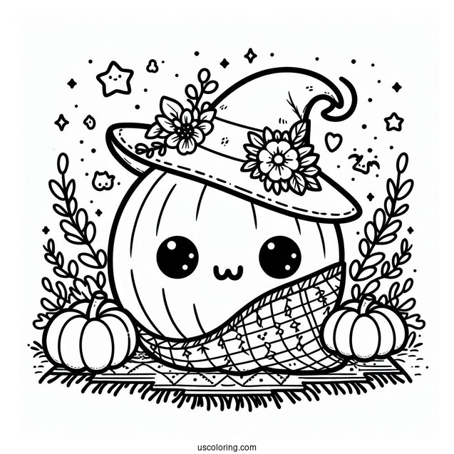 Pumpkin Coloring Page Kawaii Blanket Ghost With Witch Hat, Flowers, And Pumpkin