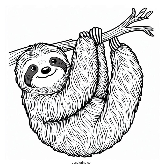 Smiling Sloth Hanging From Tree Branch To Color