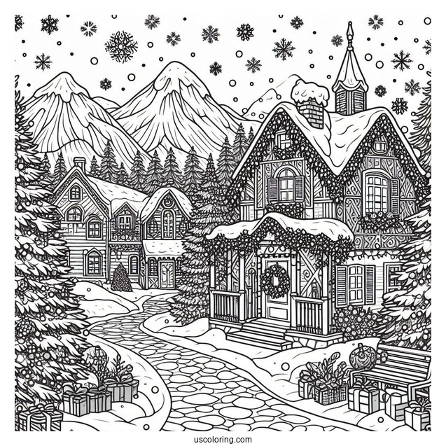Christmas Coloring Pages For Adults Of Detailed Landscape Of Houses In Christmas Winter Wonderland
