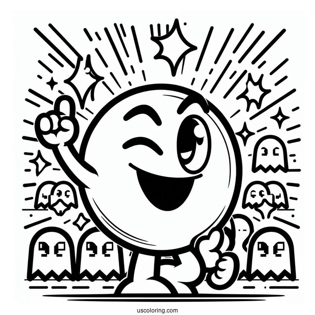 Victorious Pac-Man Coloring Page Winking With Ghosts In Background