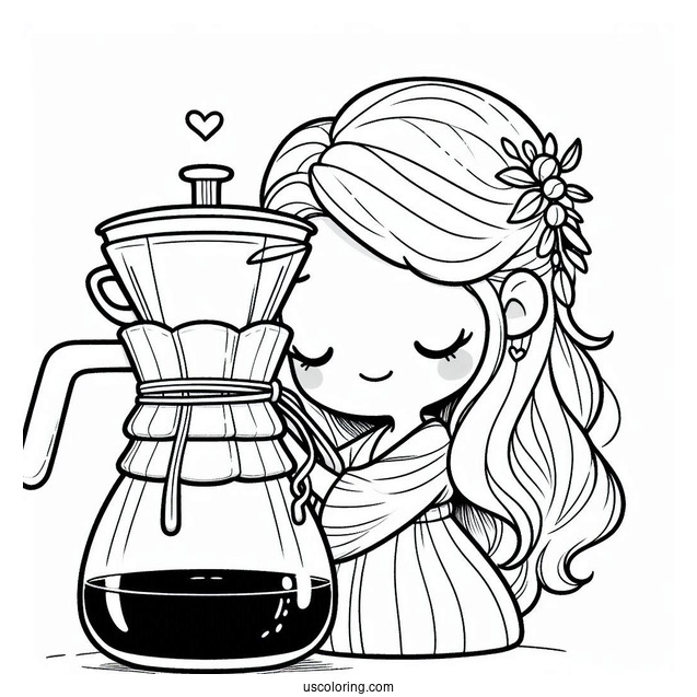 Coffee Coloring Pages Of Easy Woman Hugging Chemex Coffee Maker For Kids