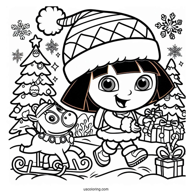 Christmas Themed Dora Coloring Page