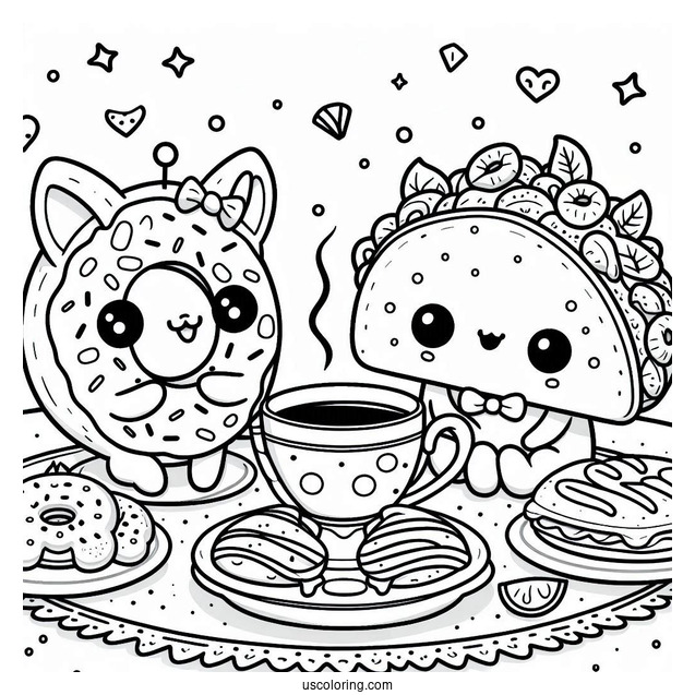 Pretty Donut And Taco Having A Tea Party Coloring Sheet