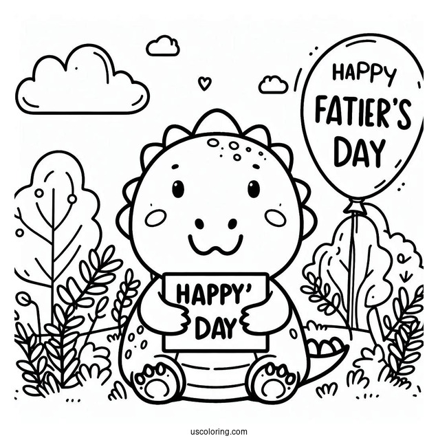 Father's Day Coloring Page Of Cute Dinosaur Holding A Happy Father's Day Sign For Kids